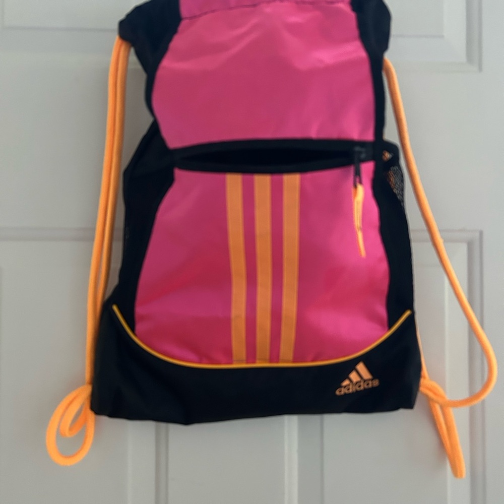 Adidas Pink and Black Drawstring Backpack with Orange Stripes